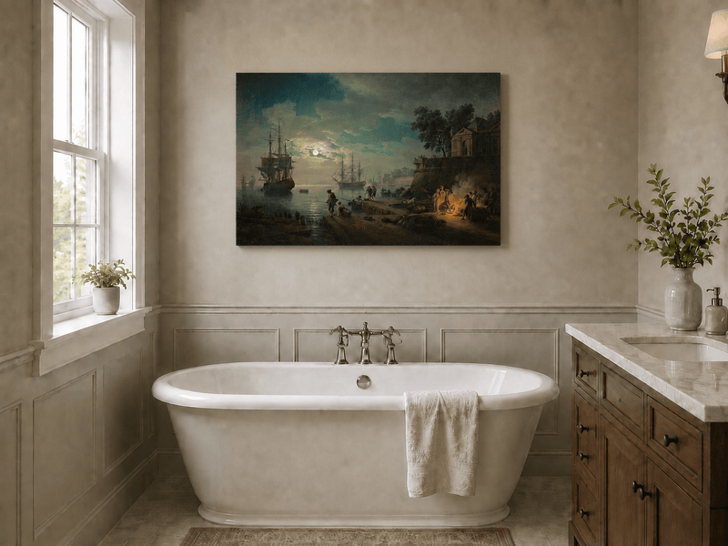 Moonlit harbor with tall ships and pier landscape oil painting presented as styled home decor.