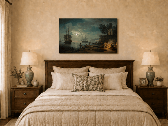 Moonlit harbor with tall ships oil painting displayed as landscape wall decor.