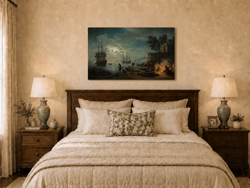 Moonlit harbor with tall ships oil painting displayed as landscape wall decor.