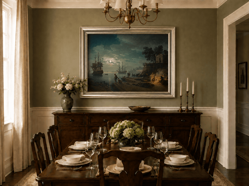 Moonlit harbor and pier oil landscape artwork shown in a styled home interior.