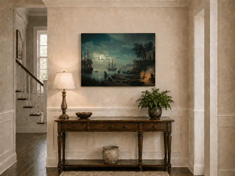 Moonlit harbor landscape painting shown as decorative oil wall art.