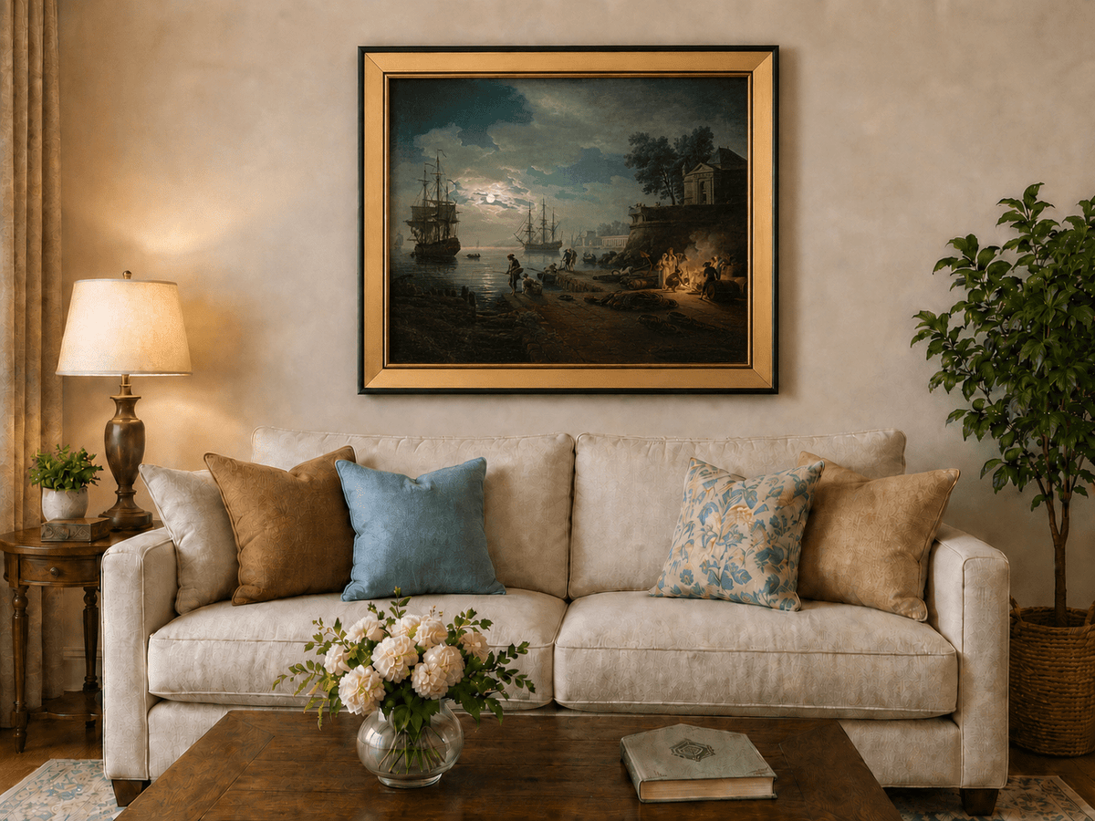 Moonlit harbor with tall ships and pier landscape oil painting displayed in a styled home interior.