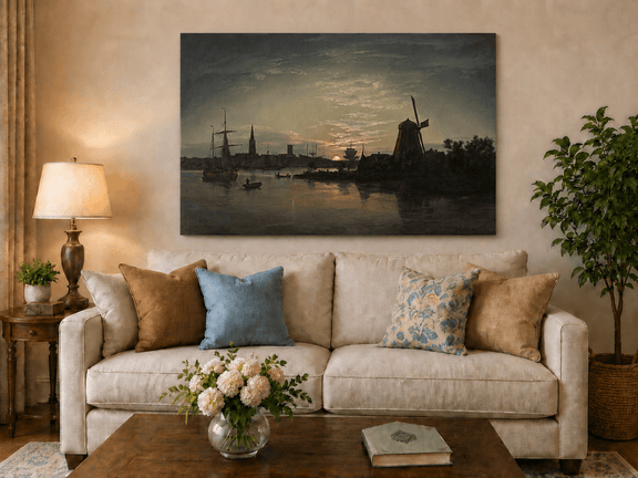 Windmill harbor hand-painted oil artwork displayed in a second interior view.