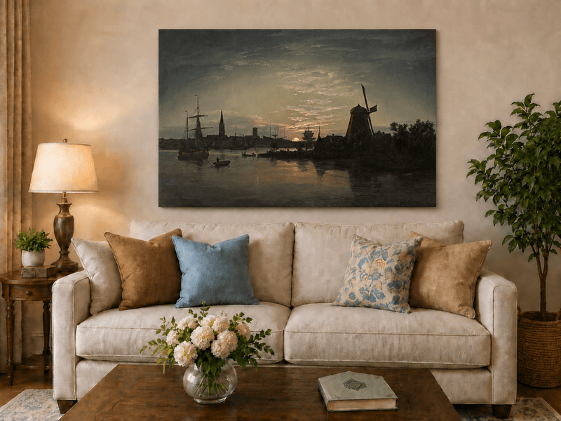 Windmill harbor hand-painted oil artwork displayed in a second interior view.