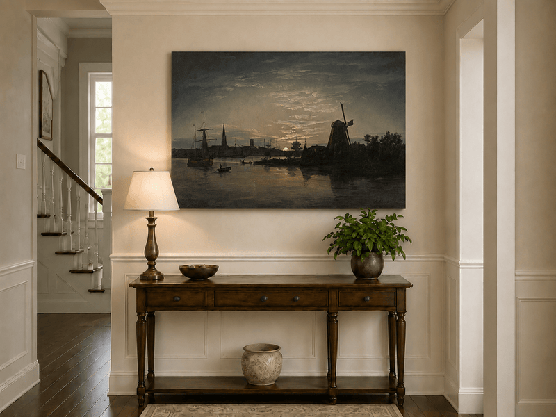 Moonlit harbor landscape painting shown as decorative oil wall art.