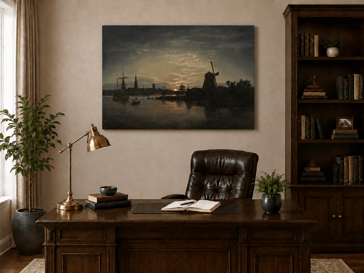 Interior wall art view featuring a moonlit harbor with windmill oil painting.