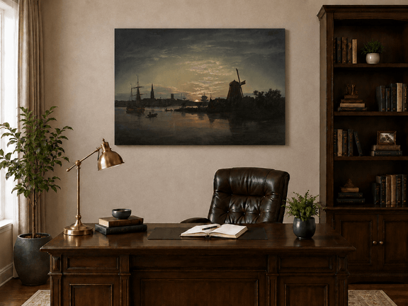 Interior wall art view featuring a moonlit harbor with windmill oil painting.