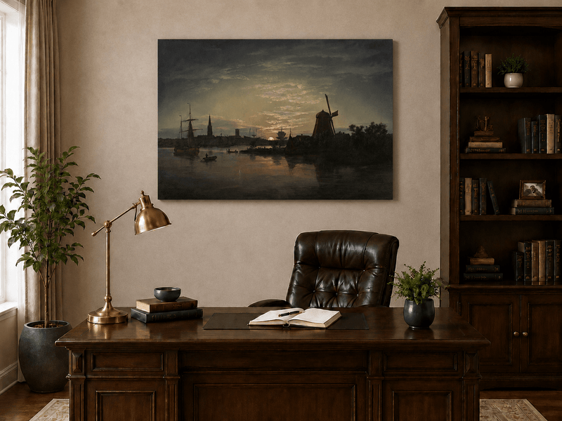 Interior wall art view featuring a moonlit harbor with windmill oil painting.