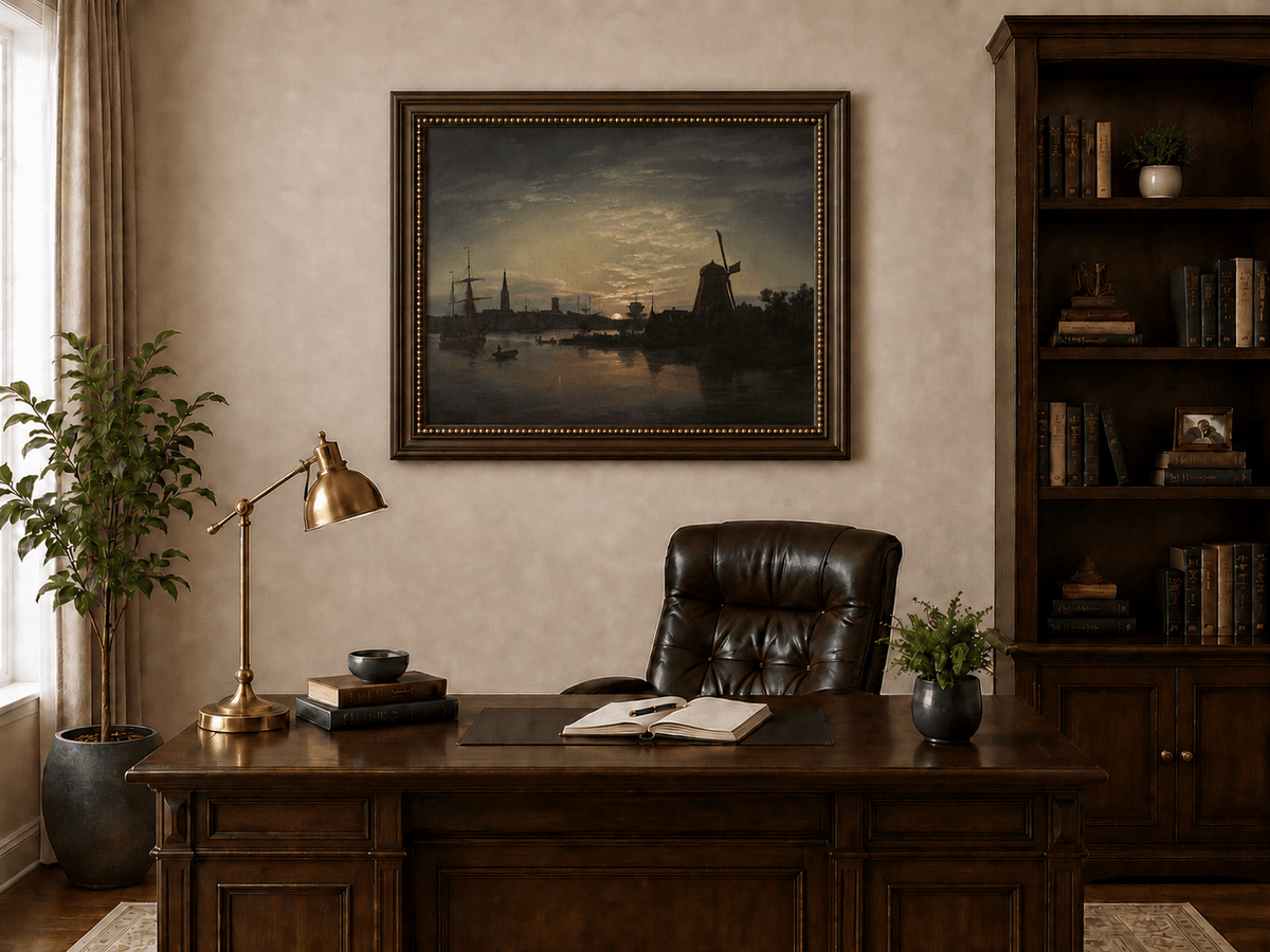 Windmill beside a moonlit harbor landscape oil painting presented in an interior wall art mockup.
