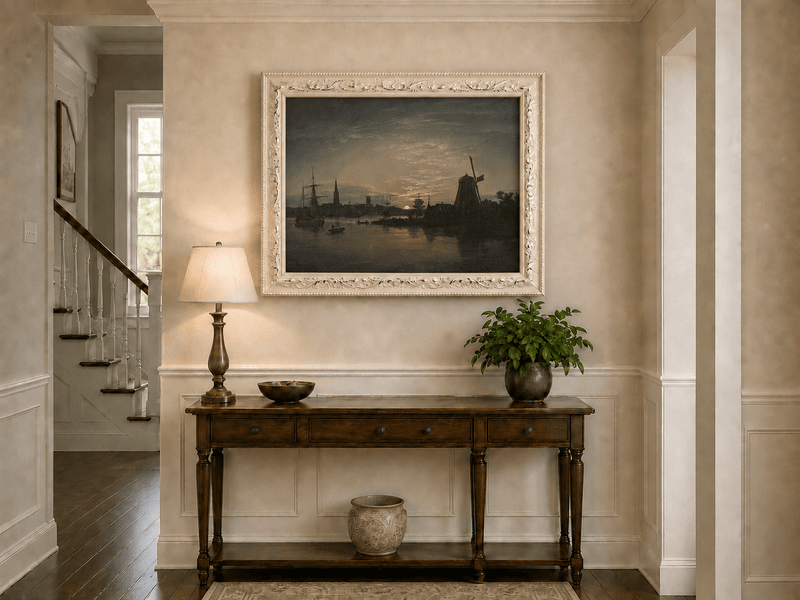 Moonlit harbor and windmill hand-painted oil artwork shown as home wall decor.