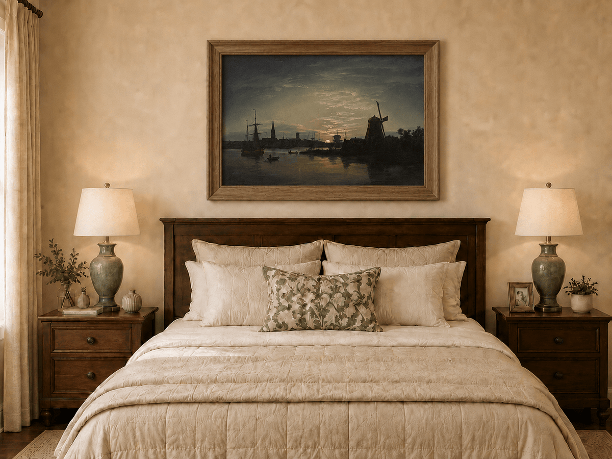 Hand-painted moonlit harbor with windmill displayed as decorative wall art.