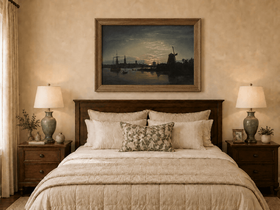 Hand-painted moonlit harbor with windmill displayed as decorative wall art.