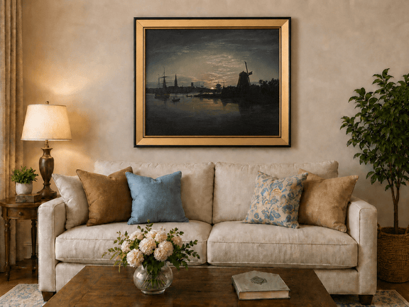 Moonlit harbor with windmill landscape oil painting displayed in a styled home interior.