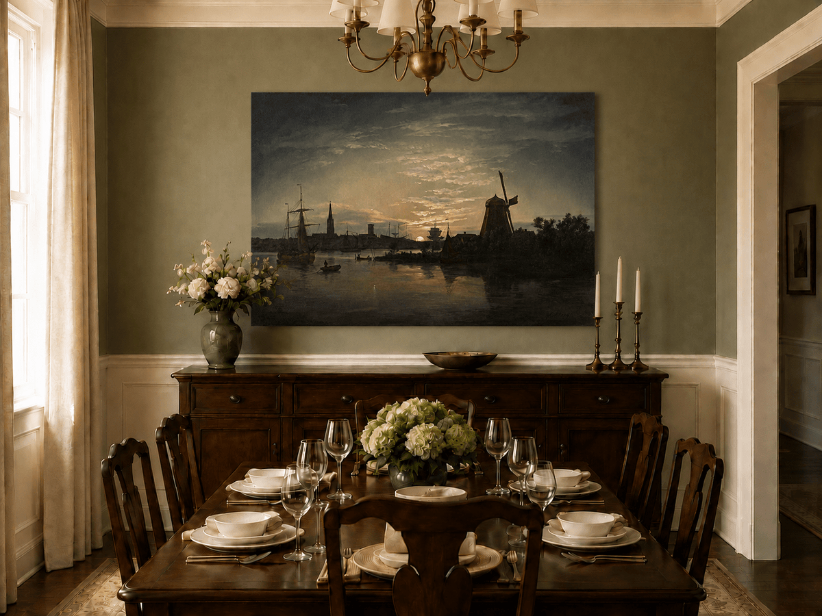 Hand-painted moonlit windmill landscape artwork in an interior display.