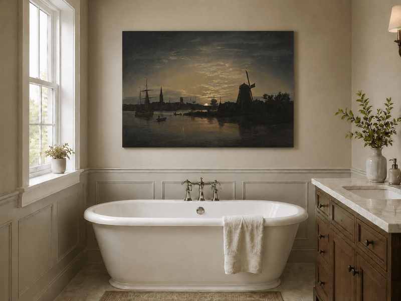 Moonlit harbor with windmill landscape oil painting presented as styled home decor.