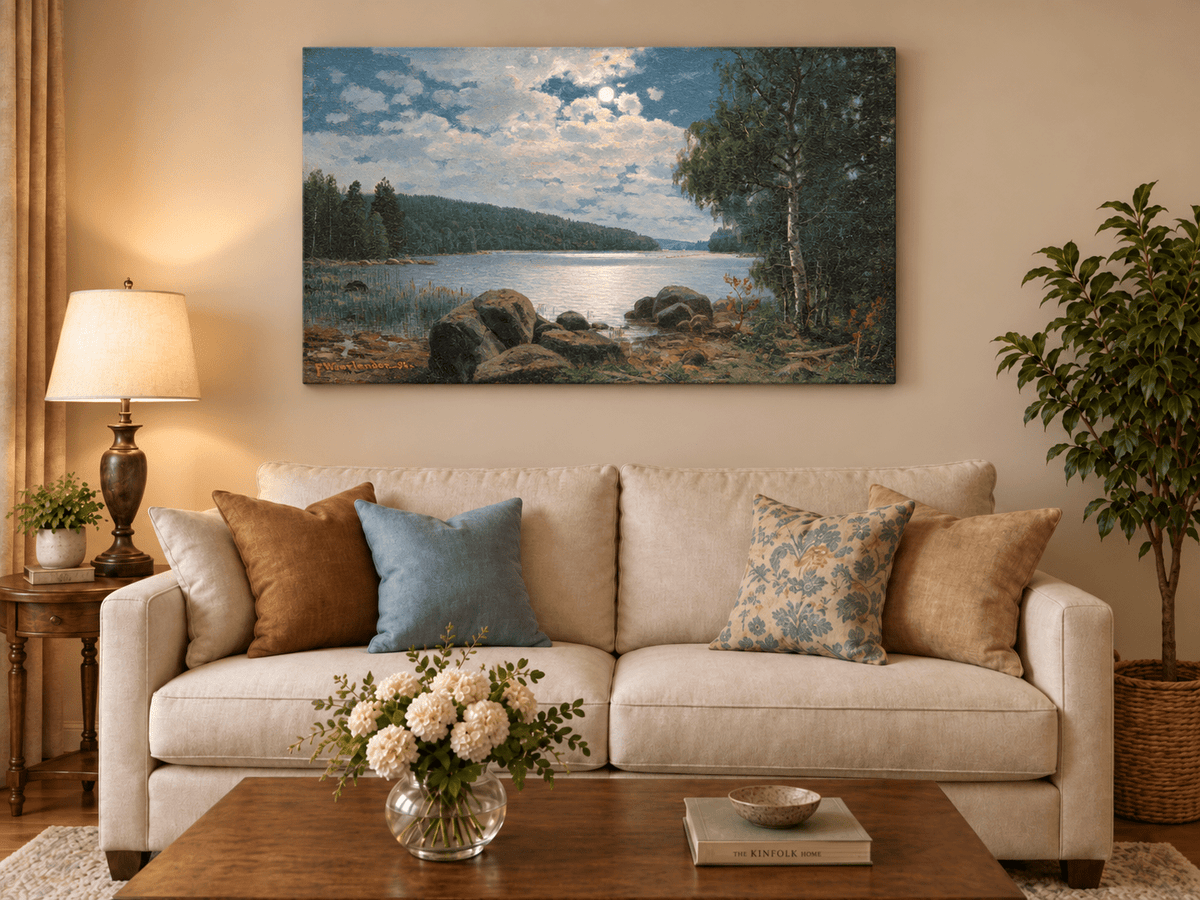 Landscape Oil Painting - Moonlit Lakeside, Forest Reflections