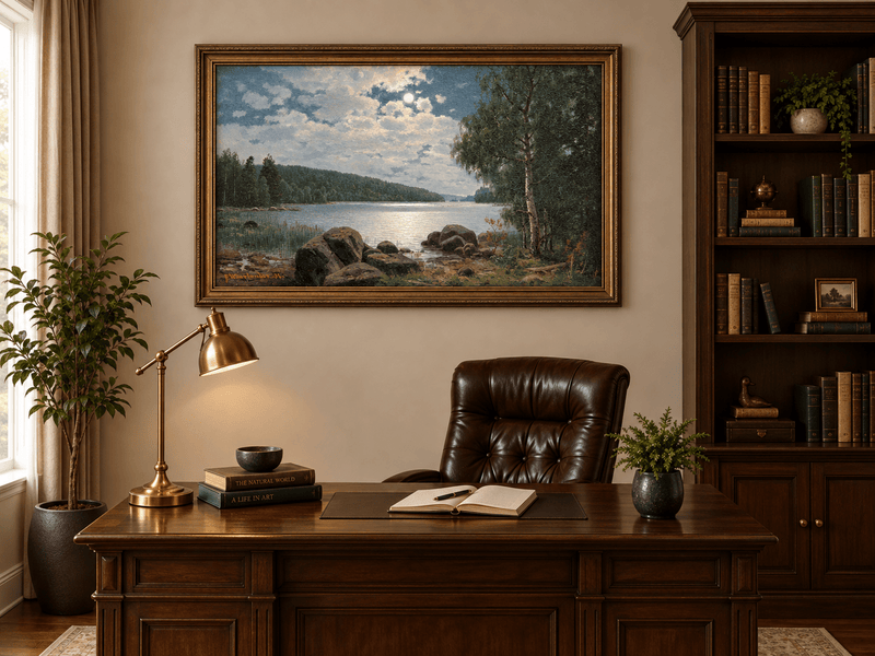 Landscape Oil Painting - Moonlit Lakeside, Forest Reflections