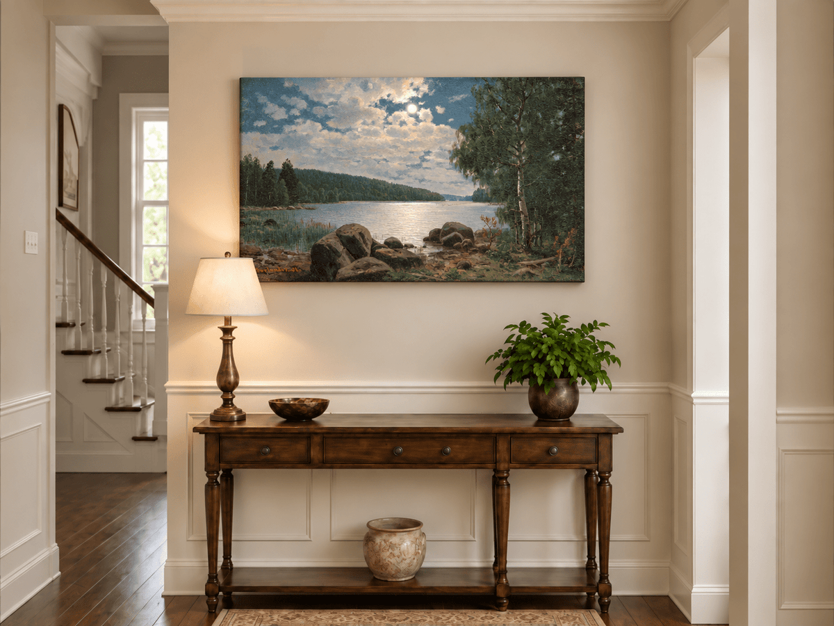 Landscape Oil Painting - Moonlit Lakeside, Forest Reflections