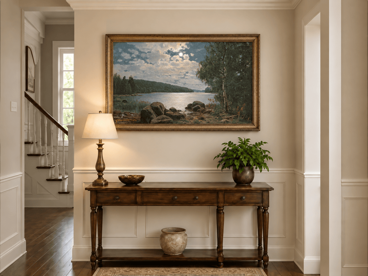 Landscape Oil Painting - Moonlit Lakeside, Forest Reflections
