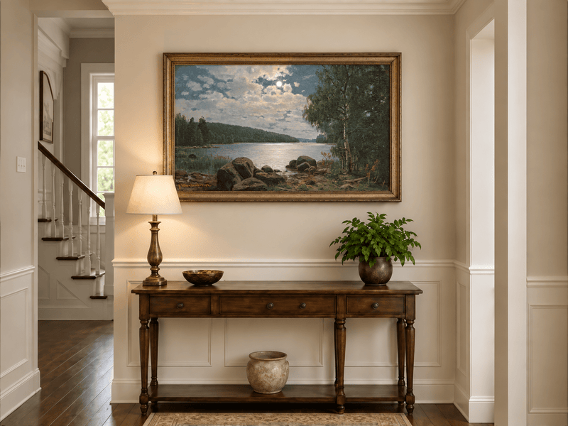 Landscape Oil Painting - Moonlit Lakeside, Forest Reflections