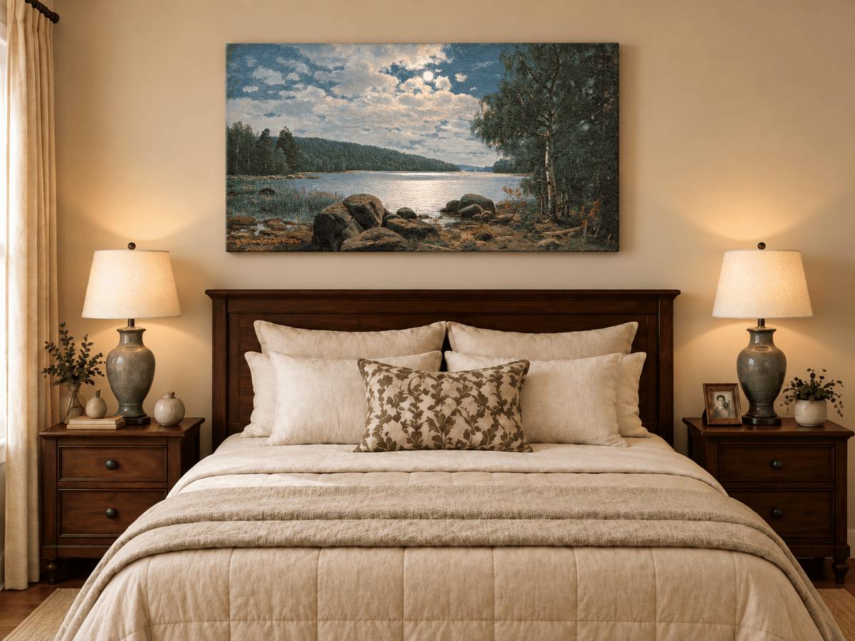 Landscape Oil Painting - Moonlit Lakeside, Forest Reflections