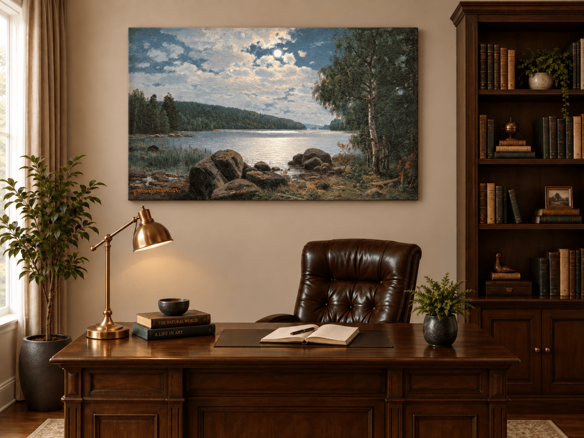 Landscape Oil Painting - Moonlit Lakeside, Forest Reflections