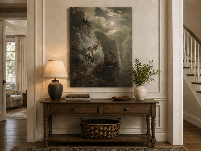 Landscape Oil Painting - Moonlit Mountain Cliff Path