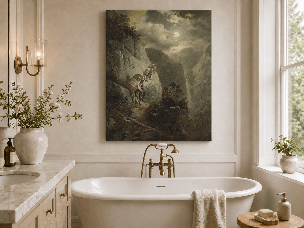 Landscape Oil Painting - Moonlit Mountain Cliff Path