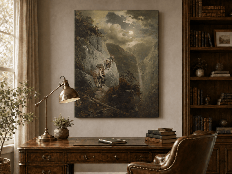 Landscape Oil Painting - Moonlit Mountain Cliff Path