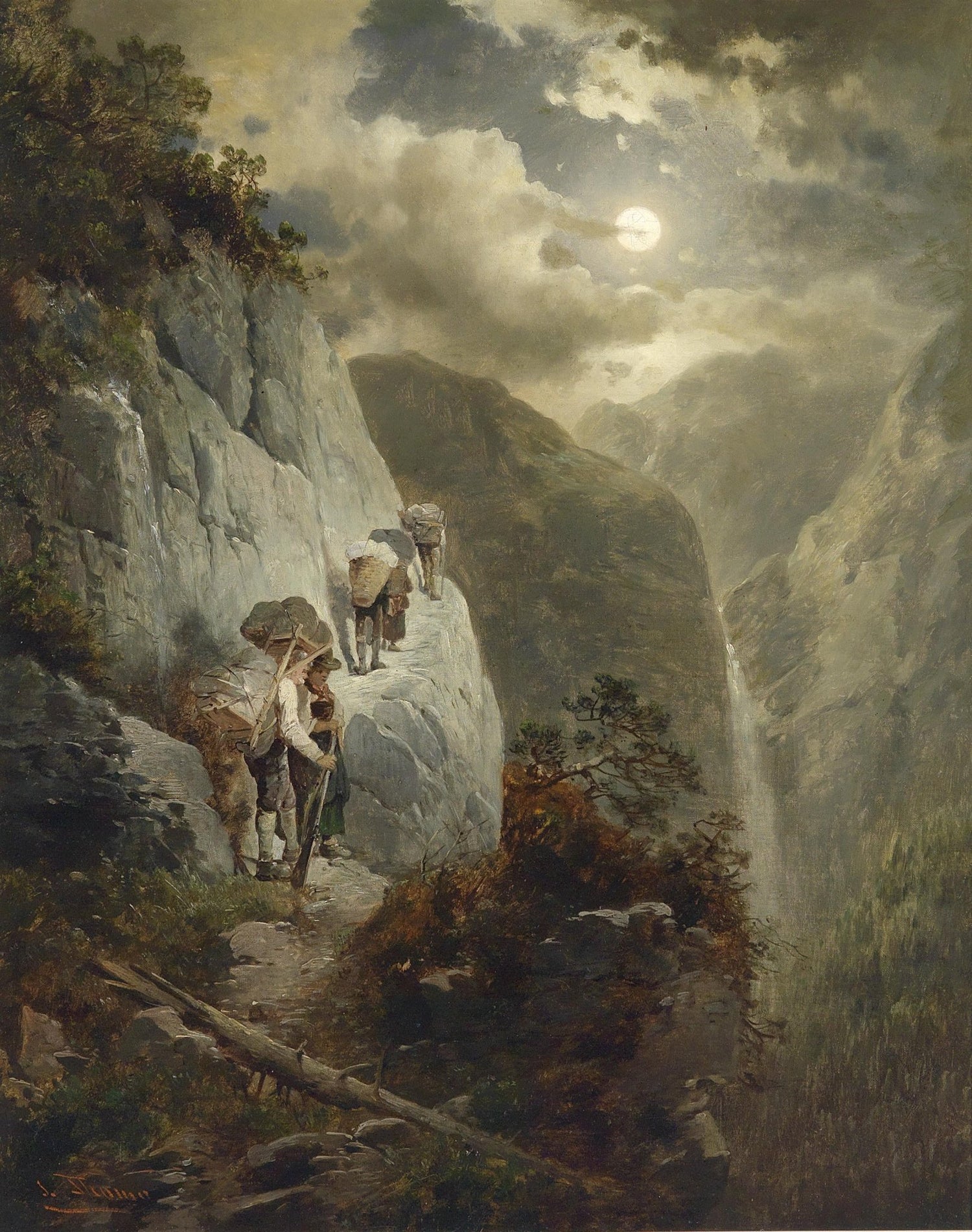 Landscape Oil Painting - Moonlit Mountain Cliff Path, Porters, Waterfall - Oil Painting Haven