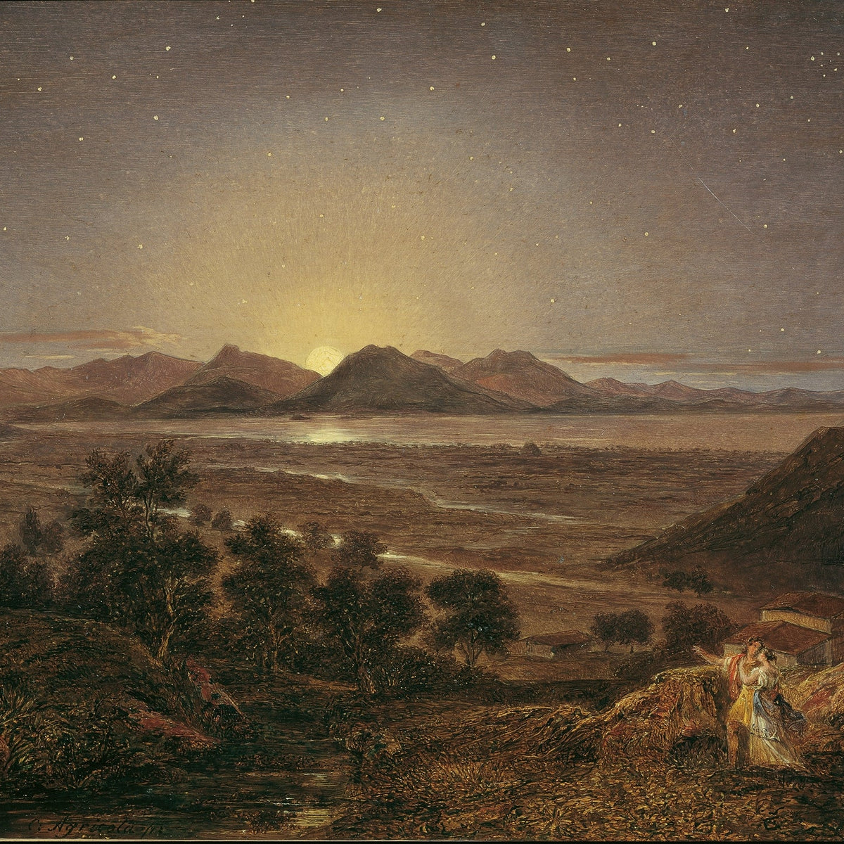 Landscape Oil Painting - Moonlit Mountain Landscape with Starry Sky - Oil Painting Haven