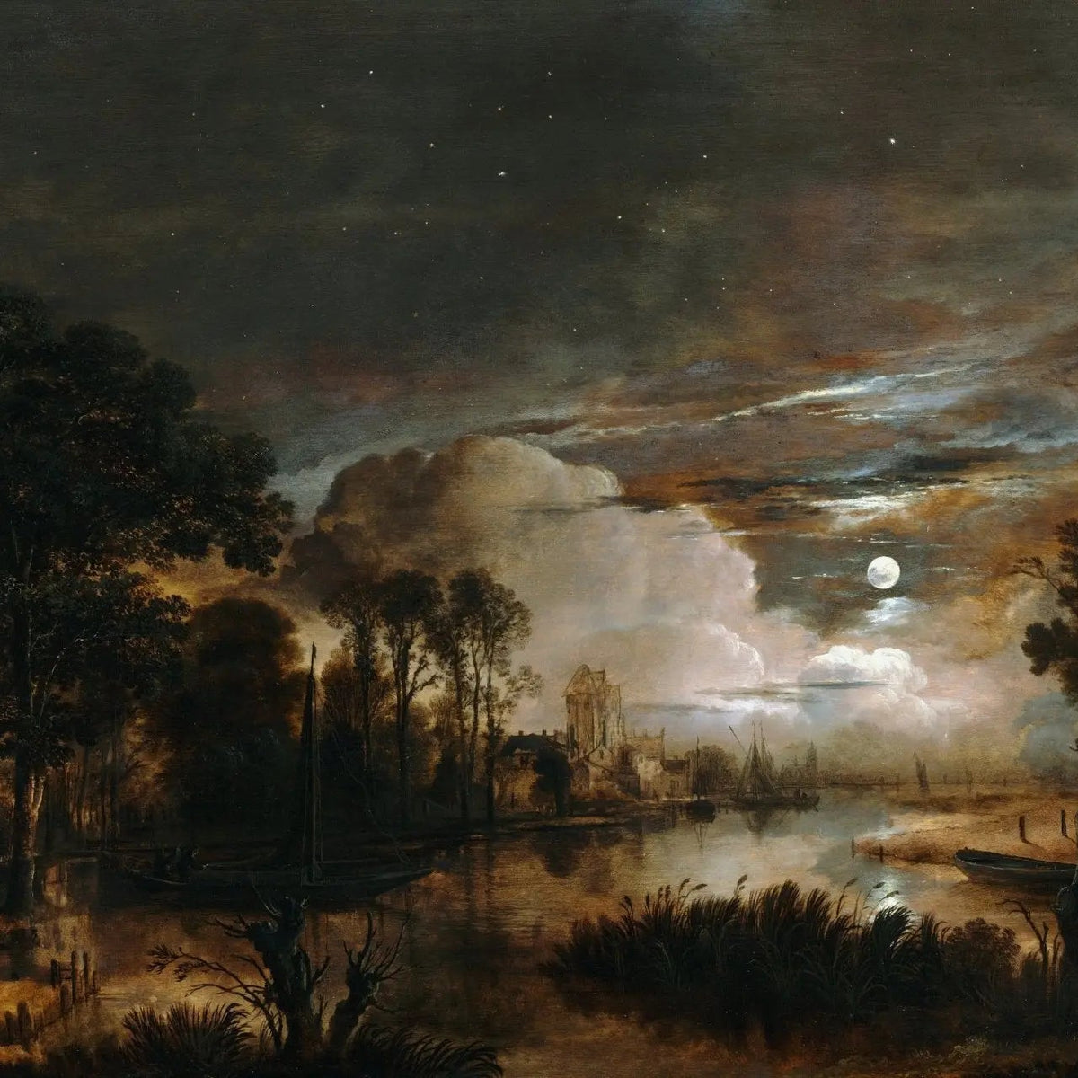 Landscape Oil Painting - Moonlit River with Boats & Figures - Oil Painting Haven