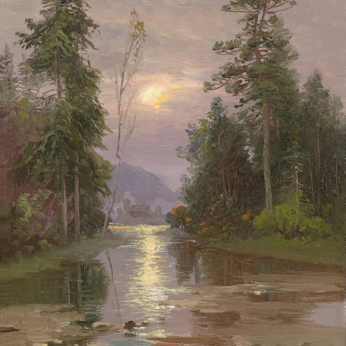 Landscape Oil Painting - Moonlit River with Trees & Reflection - Oil Painting Haven