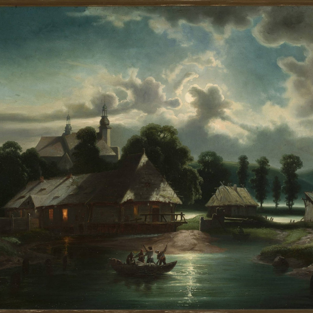 Hand-painted moonlit riverside village with church landscape oil painting on canvas