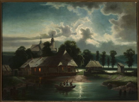 Hand-painted moonlit riverside village with church landscape oil painting on canvas