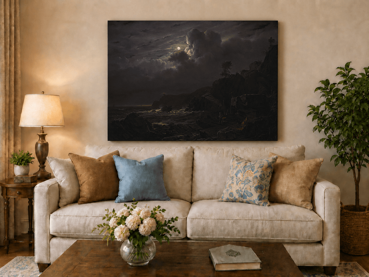 Landscape Oil Painting - Moonlit Rocky Coast with Smugglers