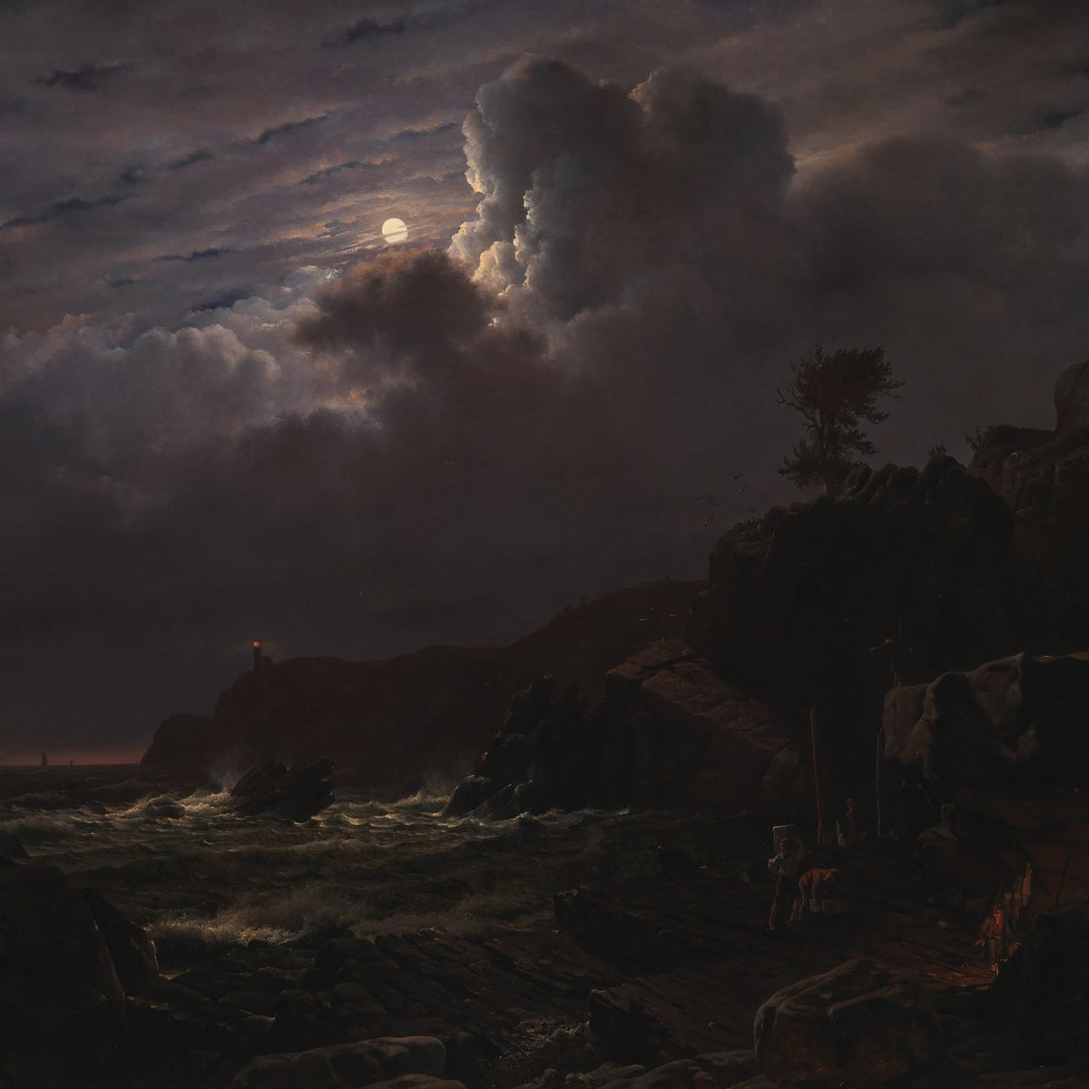Landscape Oil Painting - Moonlit Rocky Coast with Smugglers - Oil Painting Haven
