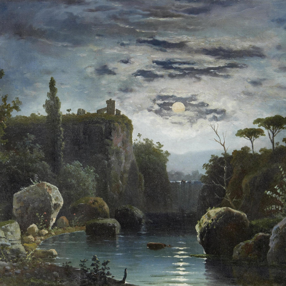 Landscape Oil Painting - Moonlit Ruins and Waterfall Pool - Oil Painting Haven