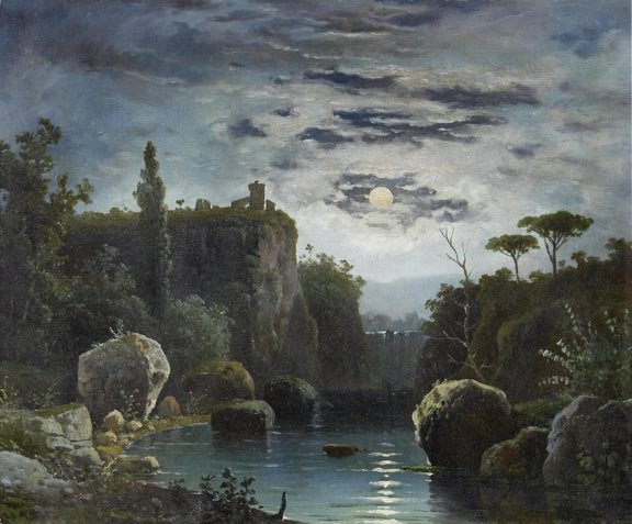 Landscape Oil Painting - Moonlit Ruins and Waterfall Pool - Oil Painting Haven