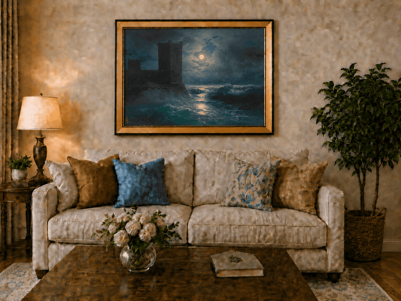 Hand-painted moonlit sea and coastal castle landscape oil painting displayed above a sofa in a living room interior.
