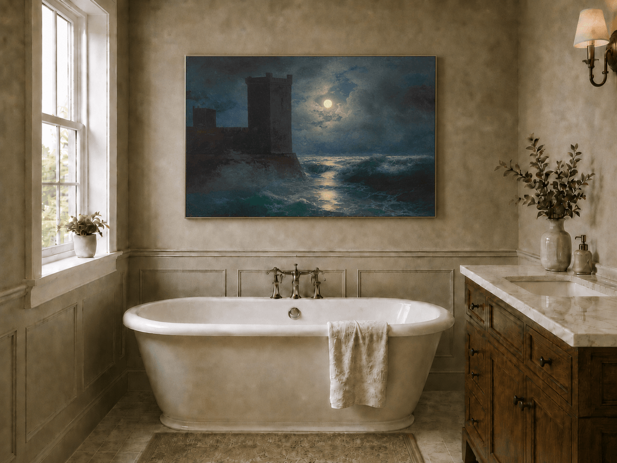 Hand-painted moonlit sea and coastal castle landscape oil painting displayed in a bathroom interior above a bathtub.