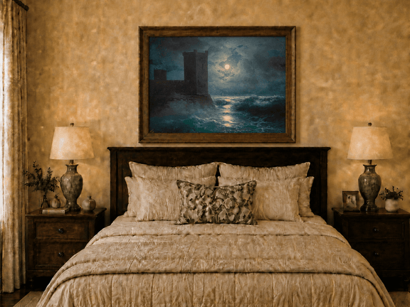 Hand-painted moonlit sea and coastal castle landscape oil painting displayed above a bed in a bedroom interior.