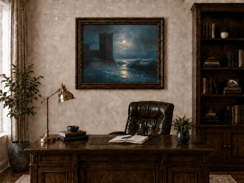 Hand-painted moonlit sea and coastal castle landscape oil painting displayed above a desk in a home office interior.