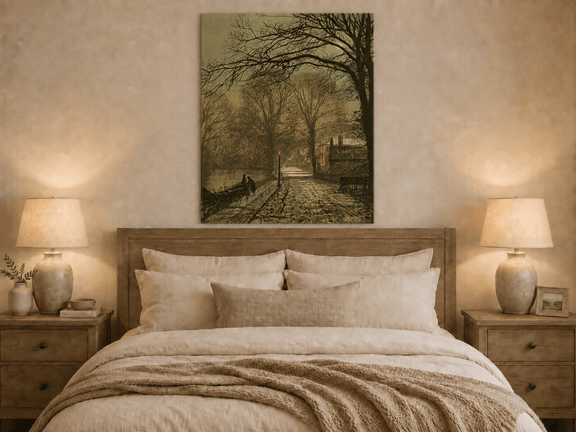 Moonlit village road oil painting displayed as landscape wall decor.