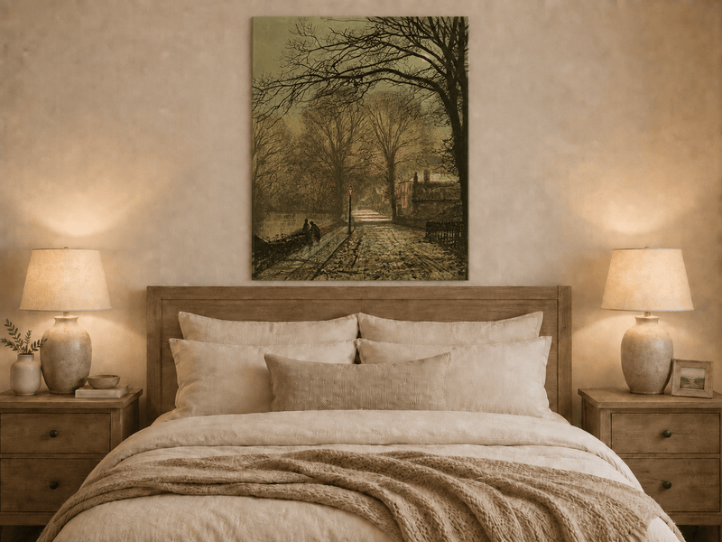 Moonlit village road oil painting displayed as landscape wall decor.