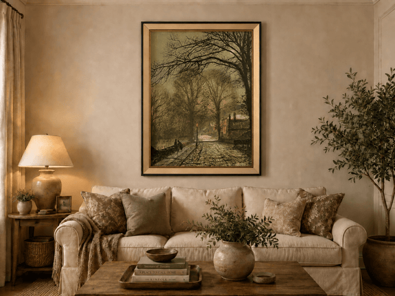 Moonlit tree-lined village road landscape oil painting displayed in a styled home interior.