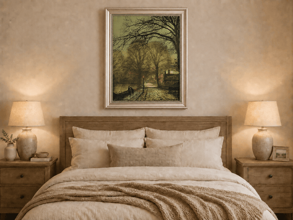 Hand-painted moonlit tree-lined village road displayed as decorative wall art.