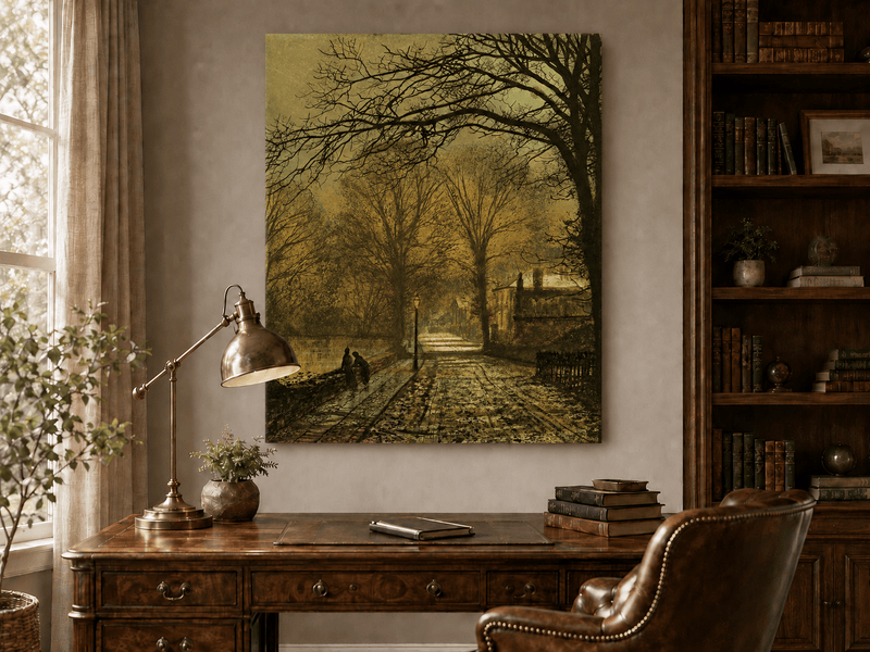 Interior wall art view featuring a moonlit tree-lined village road oil painting.
