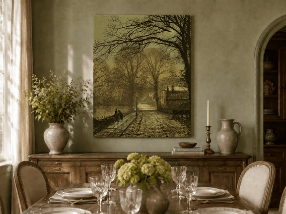 Hand-painted moonlit village road landscape artwork in an interior display.