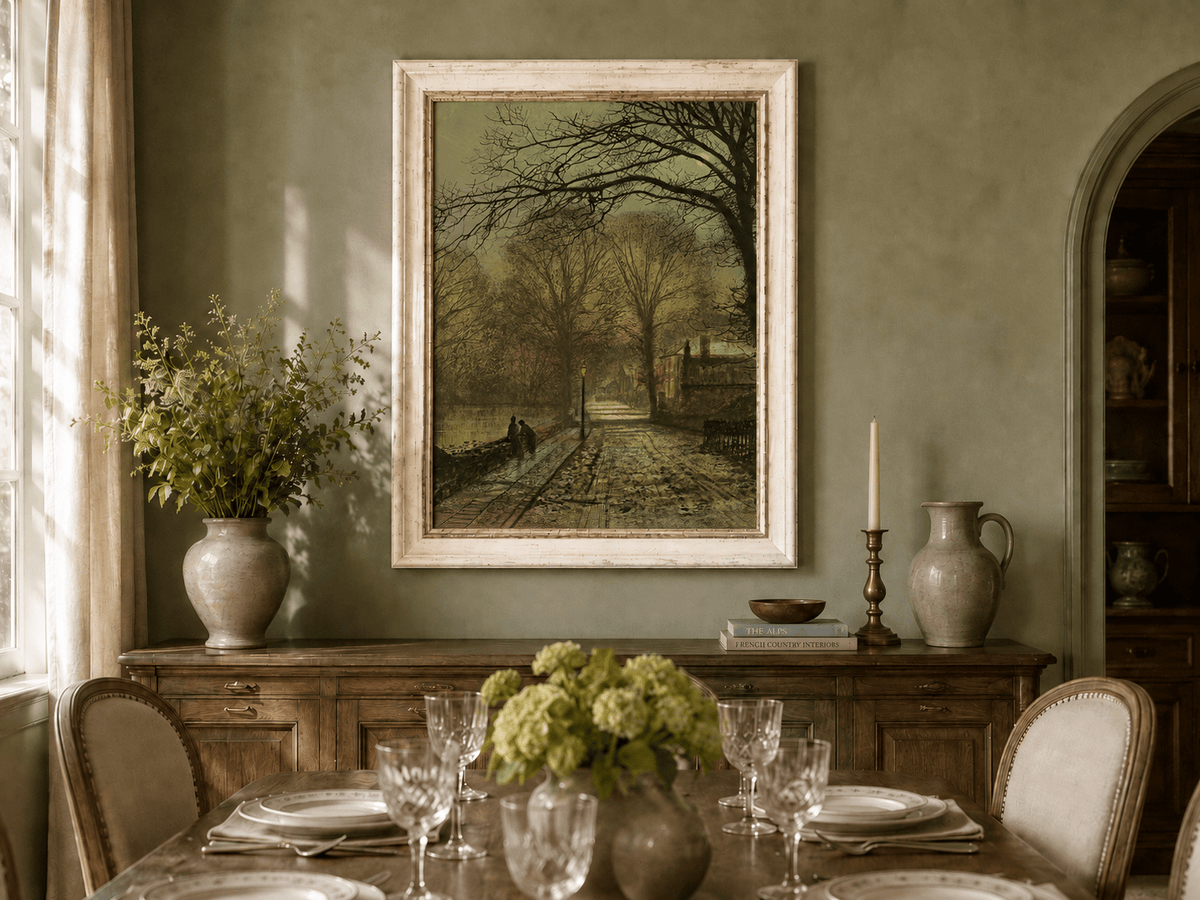 Moonlit village road oil landscape artwork shown in a styled home interior.